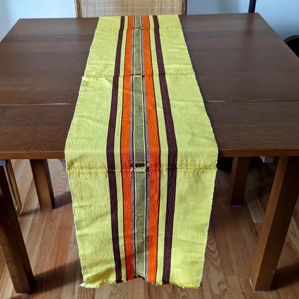 Vintage 70’s Table Runner‎ Groovy Fall Autumn Mustard Stripe Tapestry Cloth Boho
